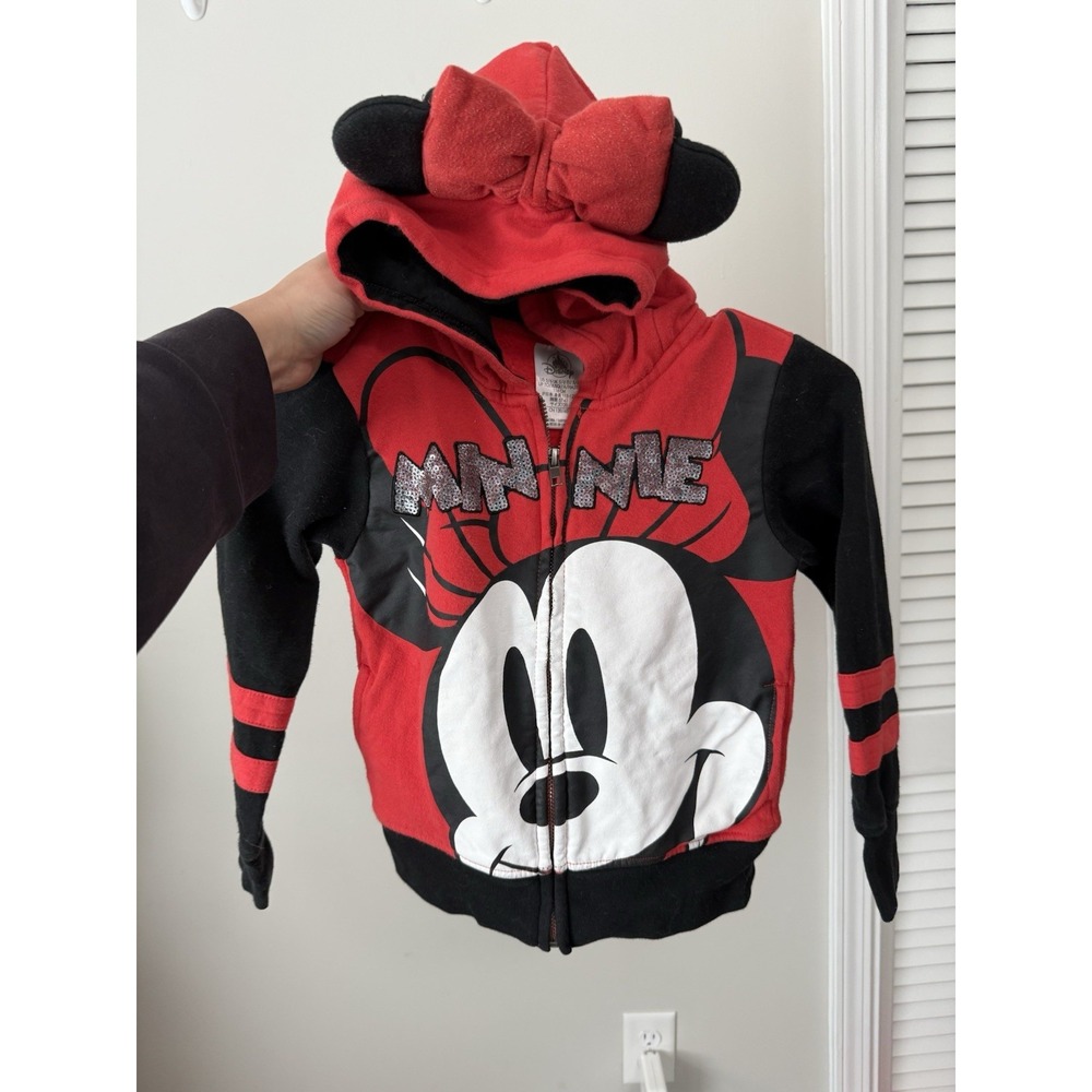Disney Red Black Minnie Mouse Hooded Ears Zip Jacket Sz 5 Sequin Travel Everyday